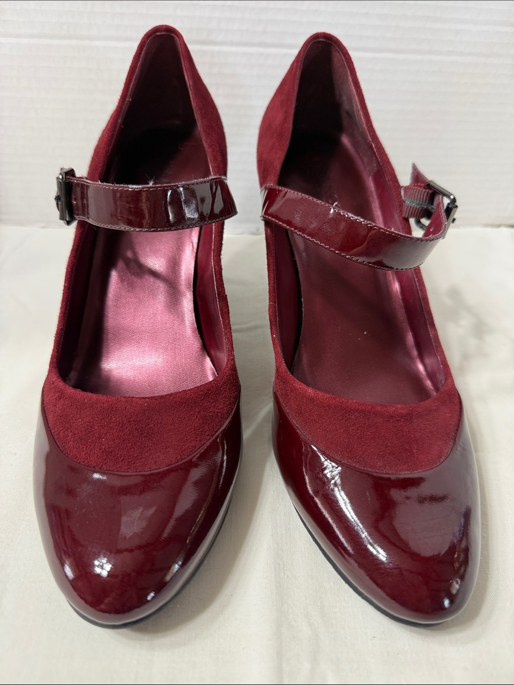 Franco Sarto Raffaela Burgundy Suede and Patent Leather Mary Jane Heels Size 11